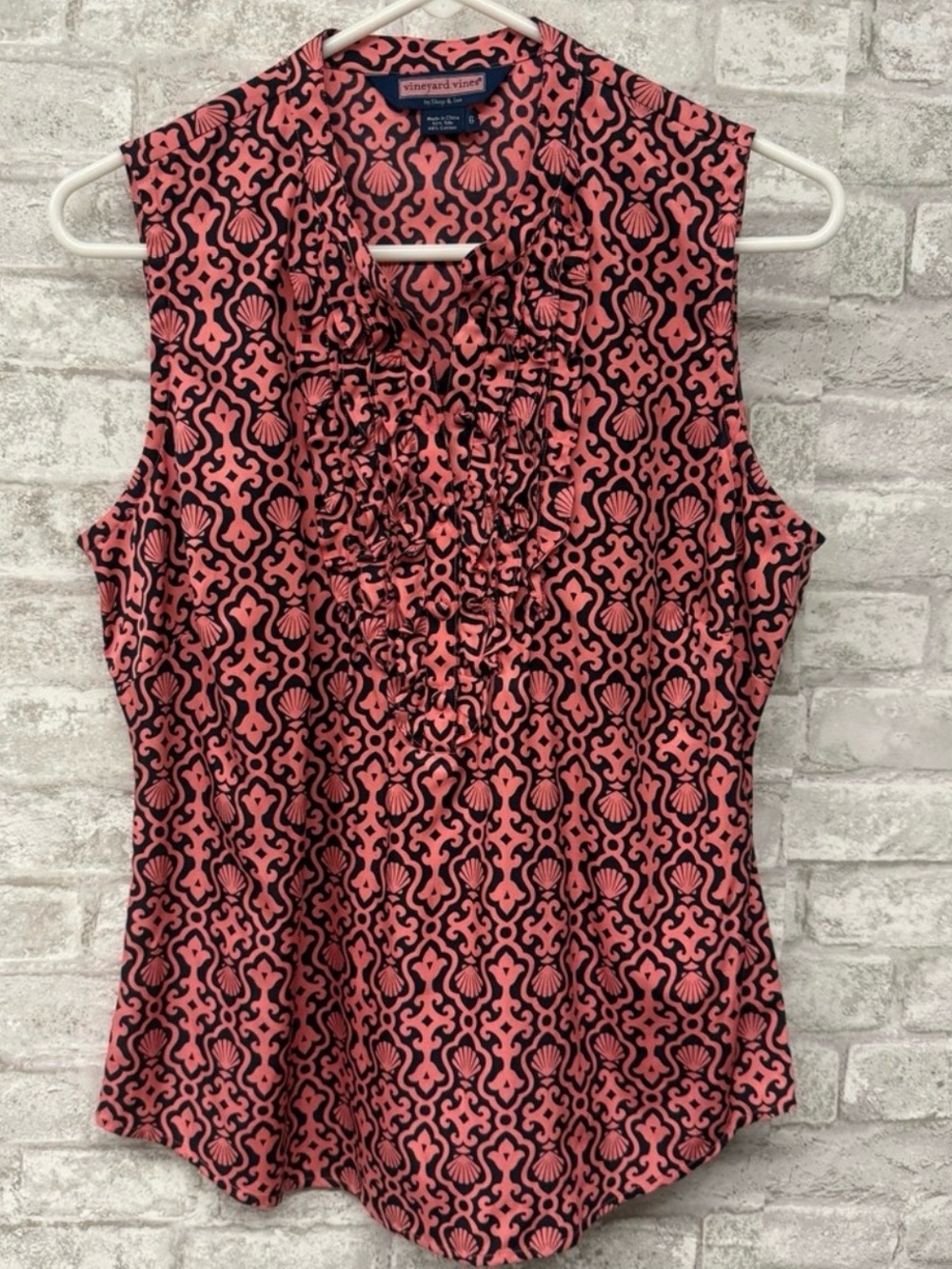 Vineyard Vines Coral and Black Sleeveless Ruffle Front Blouse